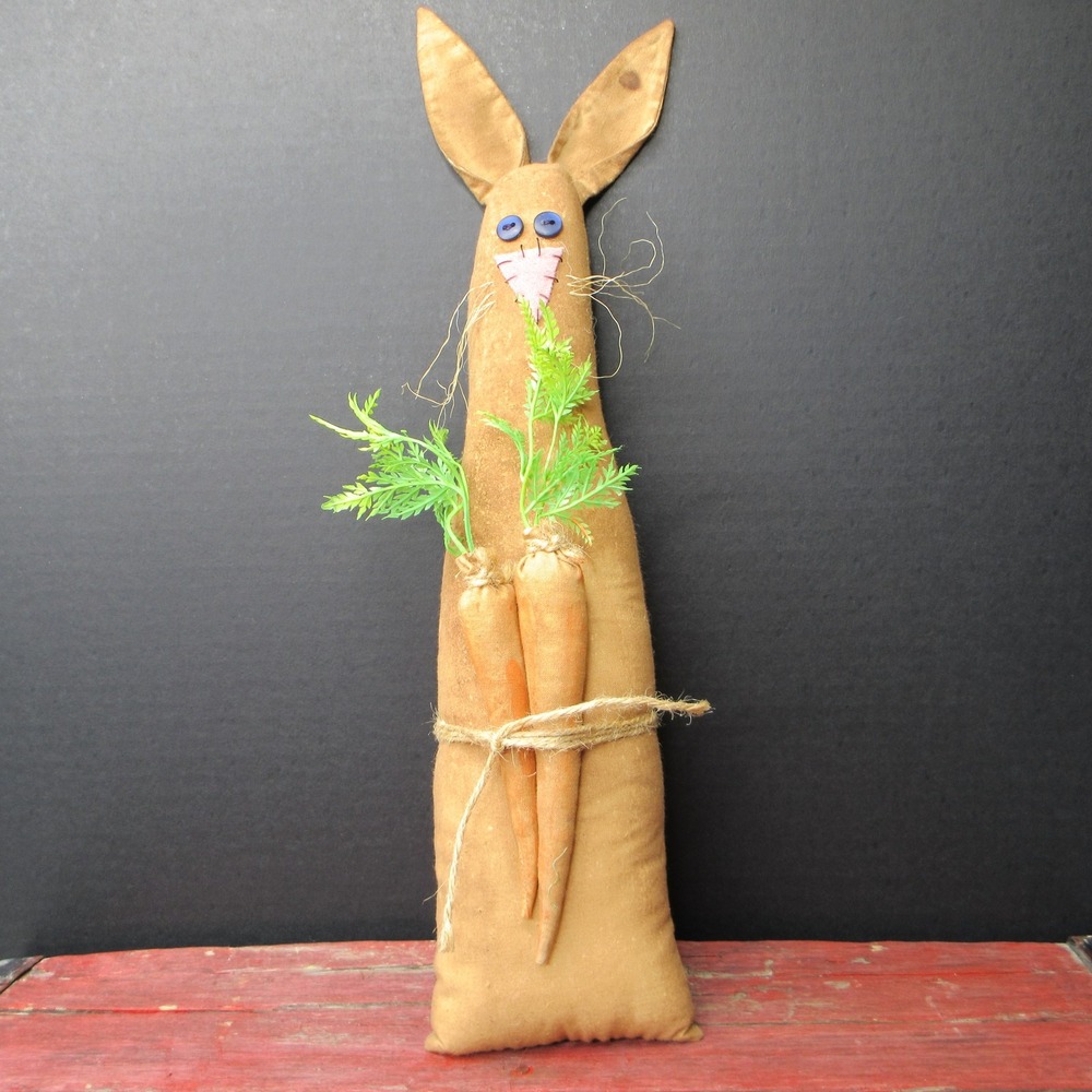 Primitive Stuffed Bunny Rabbit Tan Fabric Carrots, Jute Tie Rustic Handmade